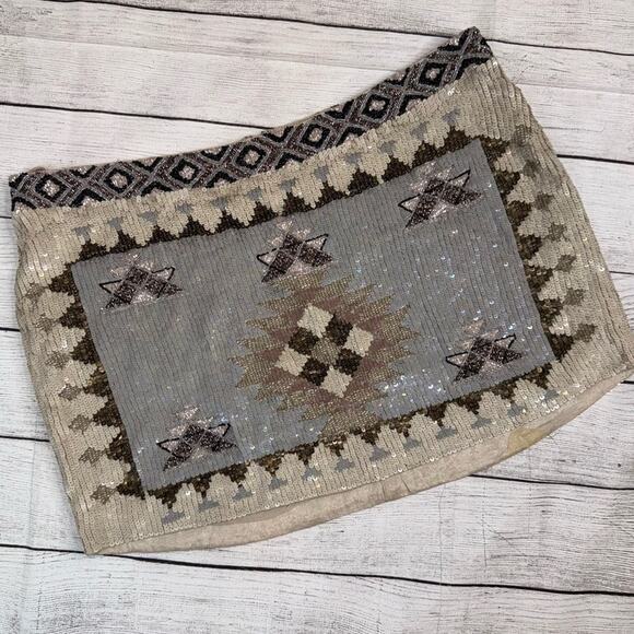 All Saints Spitalfields Paloma Sequin Mini Skirt Aztec Design Gray Tan Size 6 US - Picture 1 of 10